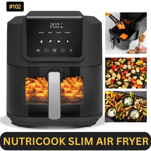 Nutricook 5L Air Fryer Slim (2025) with 100% Toxin-Free Ceramic Coating—No PTFE, PFAS, PFOA or Microplastics, Clear Window, Light & Large Basket